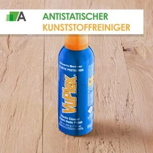 VuPlex Kunststoffreiniger in 235 ml Dose auf Holzplatte – Pflegemittel für Kunststoffoberflächen
