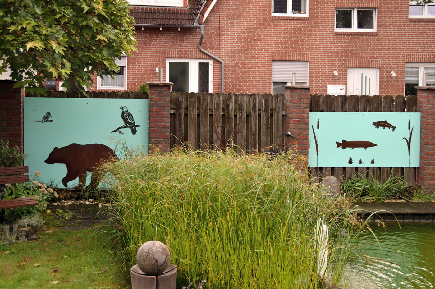 Gartenzaun mit Plexiglas Pastellgrün und Tiermotiven als Sichtschutz
