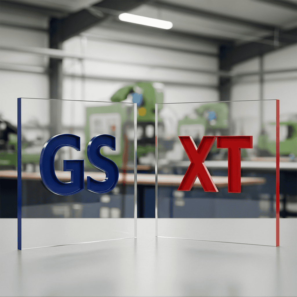 Ein Bild mit zwei Acrylglasscheiben mit den Aufschriften GS und XT