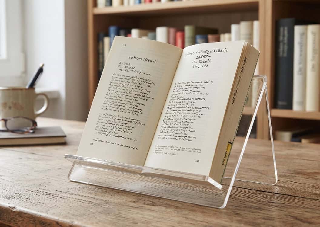 Ein altes Buch, welches aufgeschlagen auf einem transparenten Acrylglas-Buchständer liegt.