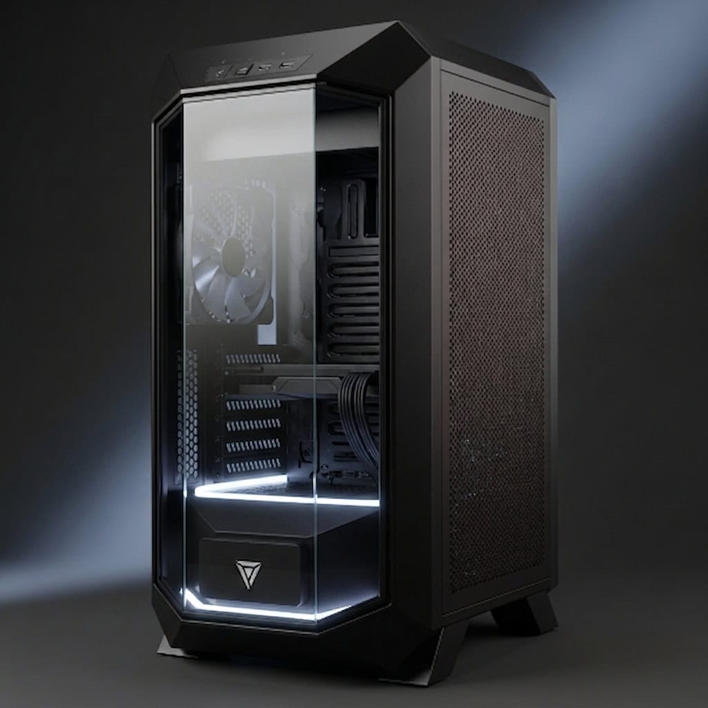 Ein modernes Computergehäuse mit einer Front aus transparentem Acrylglas