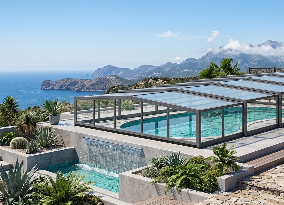 Eine halbhohe Poolüberdachung aus Acrylglas mit einer atemberaubenden Aussicht auf das Meer und die Berge