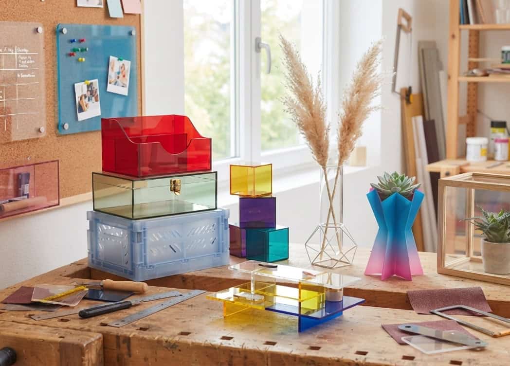 Bunte, aus Acrylglas gefertigte Behälter, Würfel und Boxen.