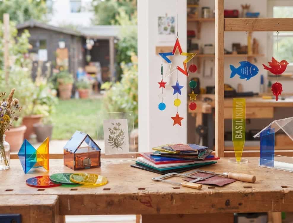 Verschiedene Basteleien, welche aus buntem Acrylglas hergestellt wurden, darunter Windspiele und mehr.
