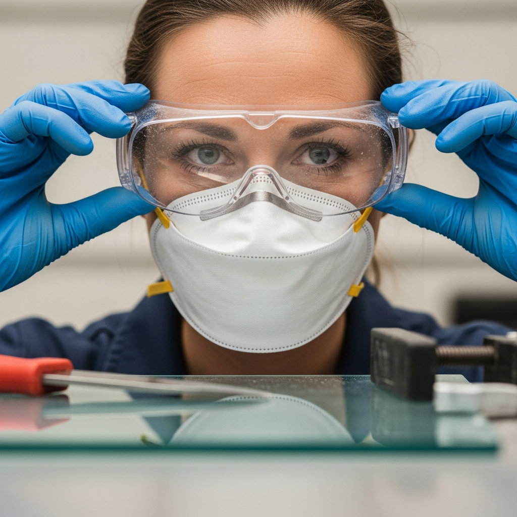 Ein Symbolbild auf welchem eine Frau ihre Schutzbrille zurechtrückt, als Hinweis darauf, dass bei der Bearbeitung von Kunststoffen immer Schutzkleidung getragen werden sollte.