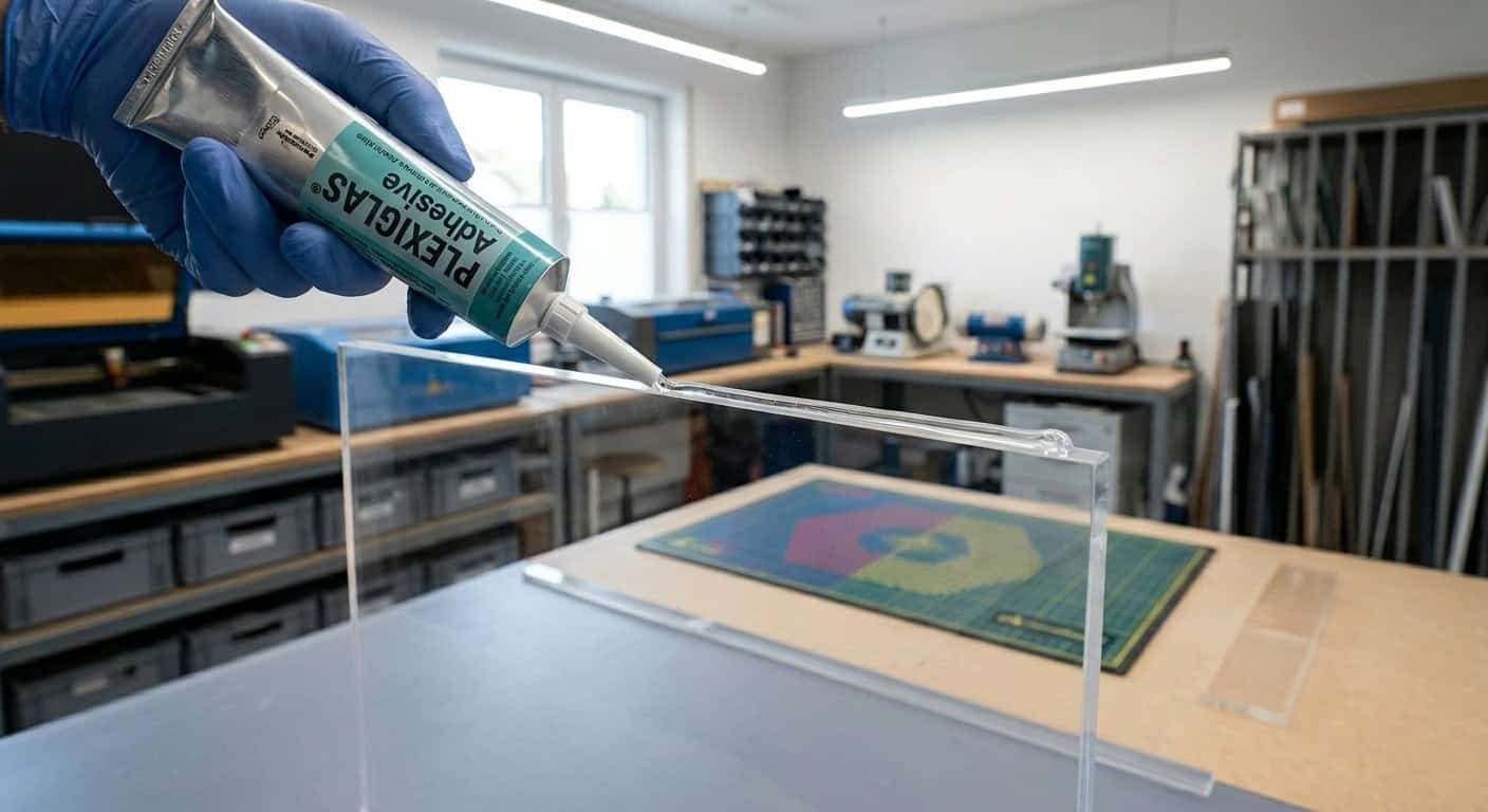Eine Acrylglasplatte die an einer Kante verklebt wird