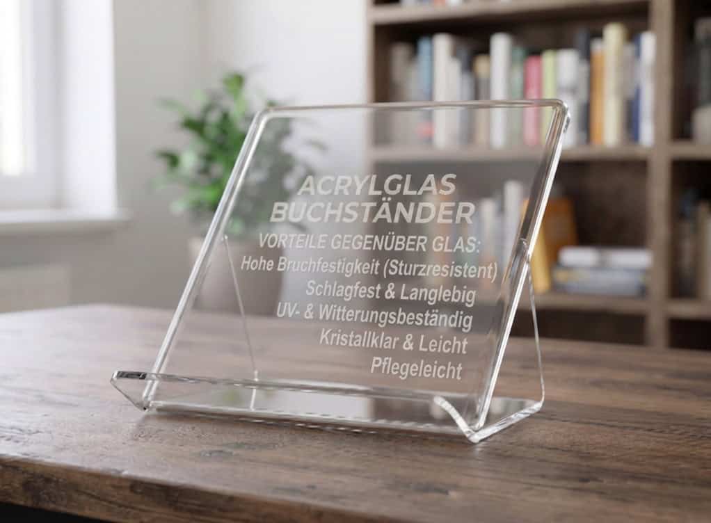 Ein Buchständer aus Acrylglas, auf welchen die Vorteile des Materials graviert sind.