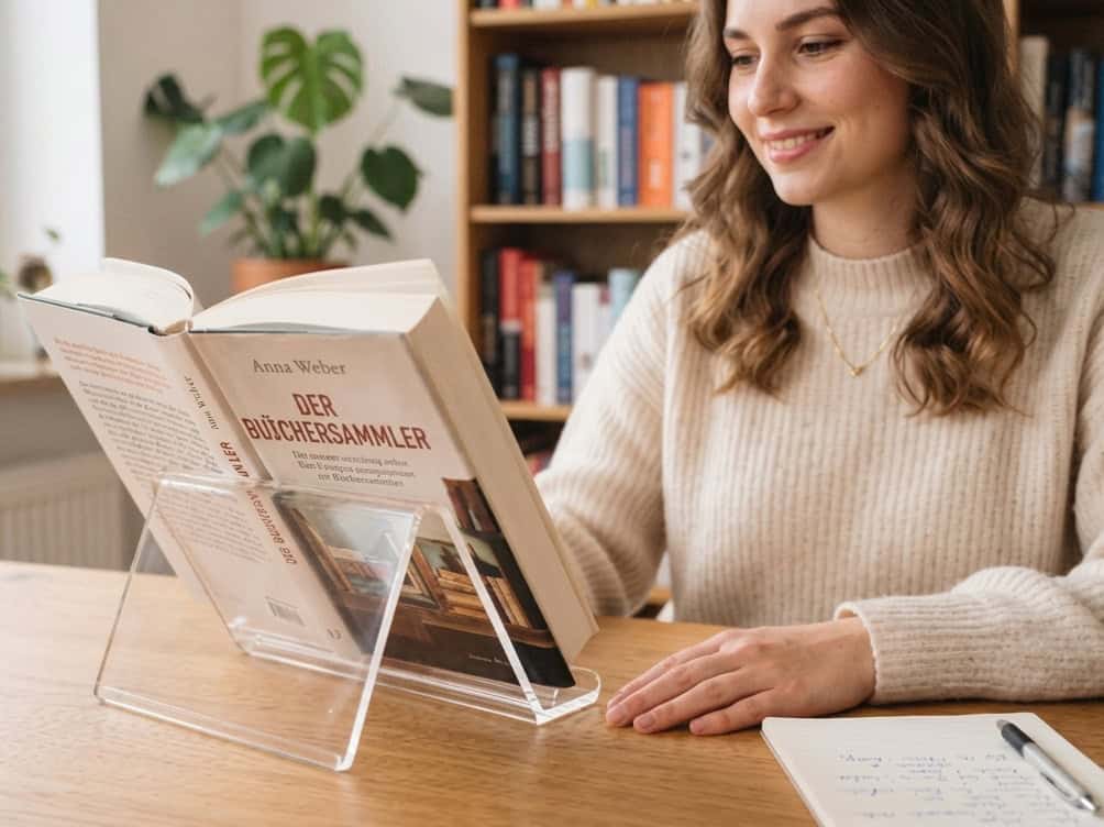 Eine Frau ließt ein Buch welches auf einem transparenten Acrylglas Buchständer liegt.