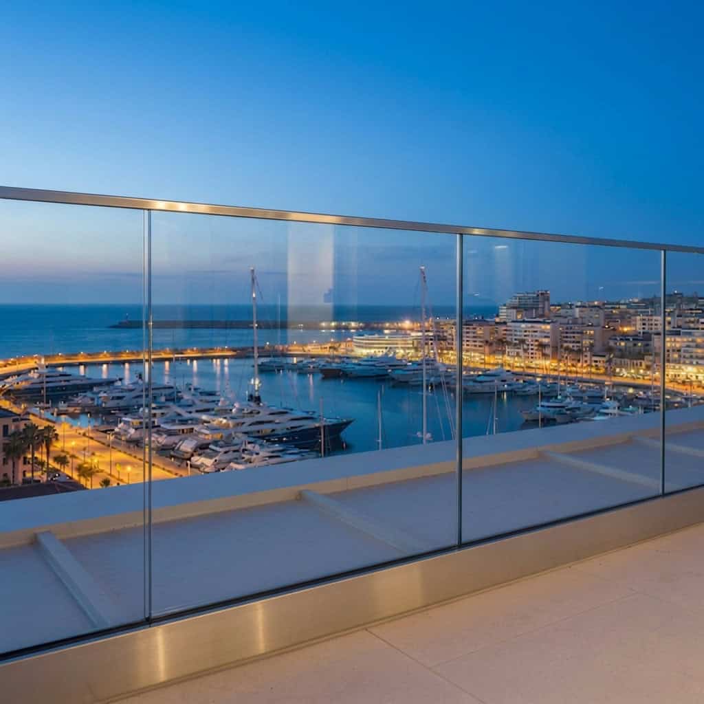Ein transparenter Acrylglas Windschutz auf einem Balkon mit einer traumhaften Aussicht