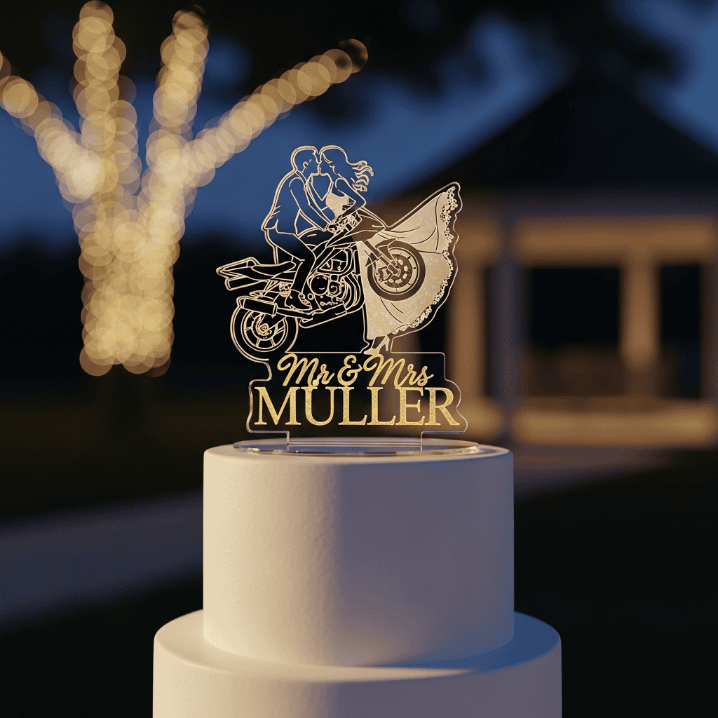 Ein personalisierter Kuchentopper aus Acrylglas, welcher mit einer Frau in einem Brautkleid sowie ein Mann auf einem Motorrad graviert ist