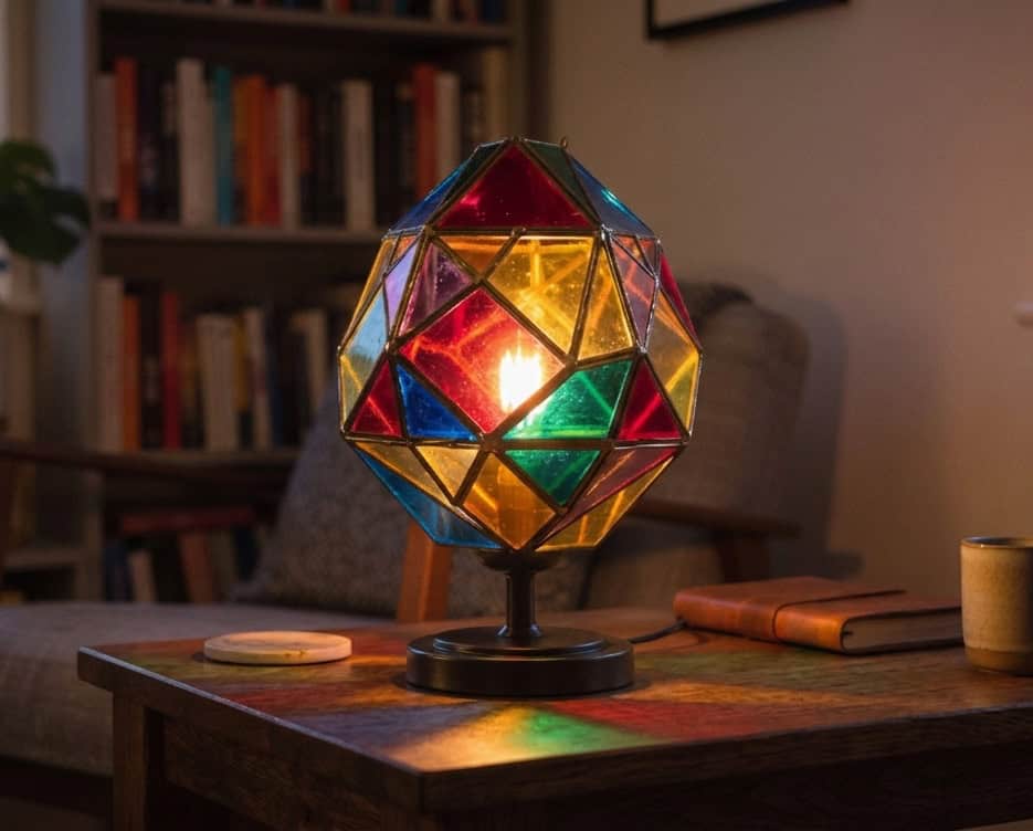 Eine Tischlampe, welche aus vielen kleinen, verschiedenfarbigen Acrylglasstücken gefertigt wurde.
