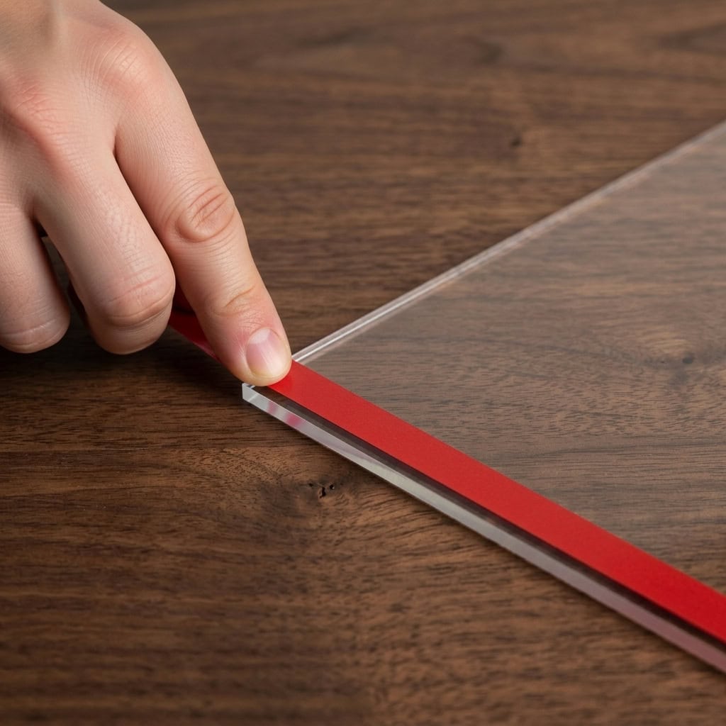Eine Acrylplatte wird mit Klebeband auf die nachträgliche Befestigung vorbereitet