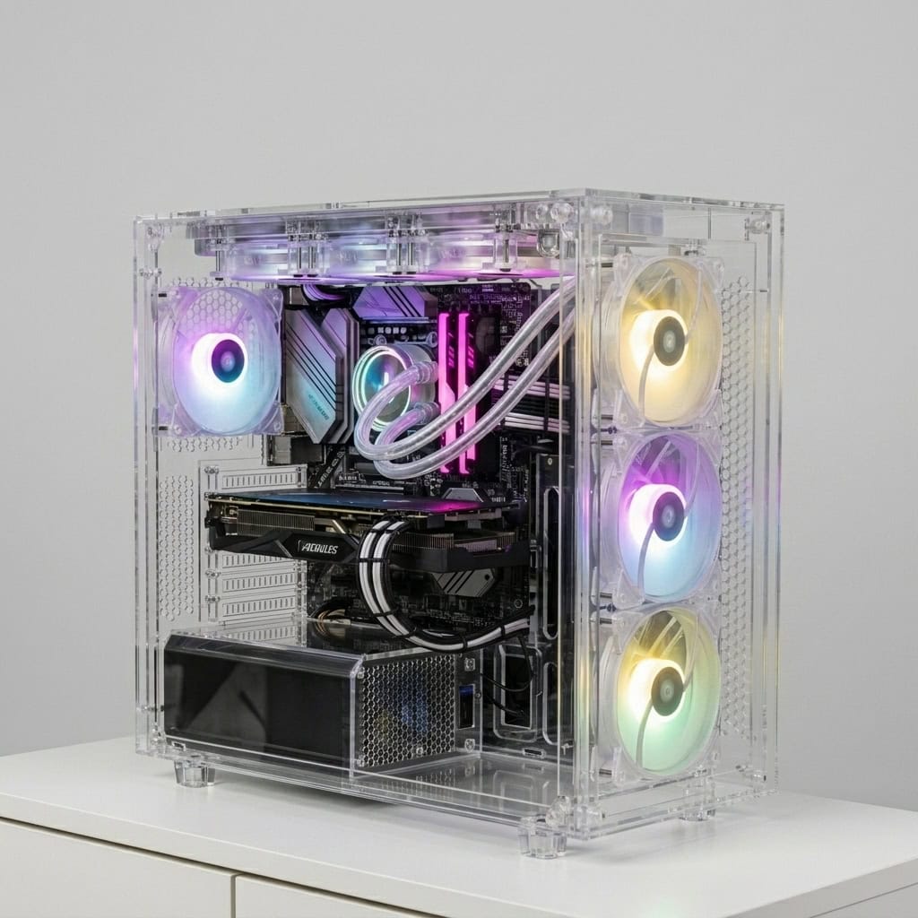 Ein Computergehäuse, welches vollständig aus transparentem Acrylglas gefertigt wurde