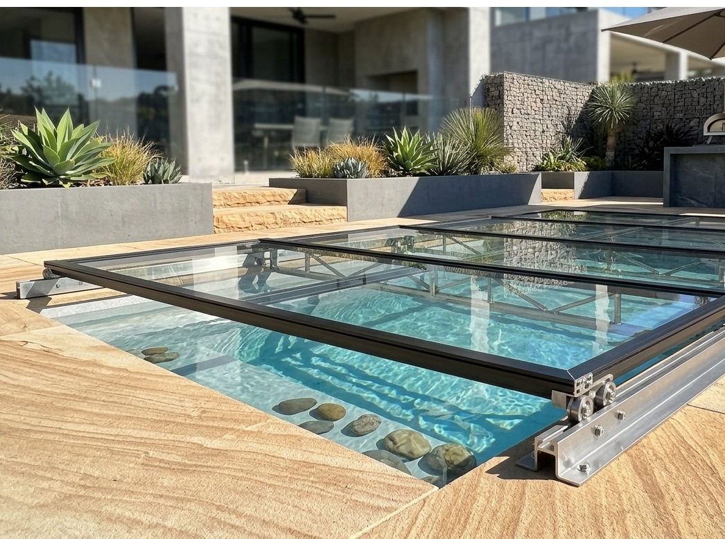 Ein Pool wird von einer auf Schienen fahrenden Poolüberdachung abgedeckt