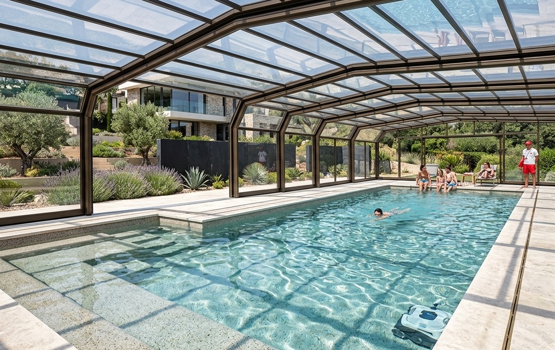 Eine hohe Poolüberdachung aus Acrylglas die an ein Poolhaus erinnert