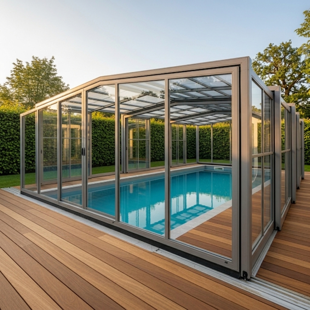 Ein Poolhaus aus Metall und transparentem Acrylglas 