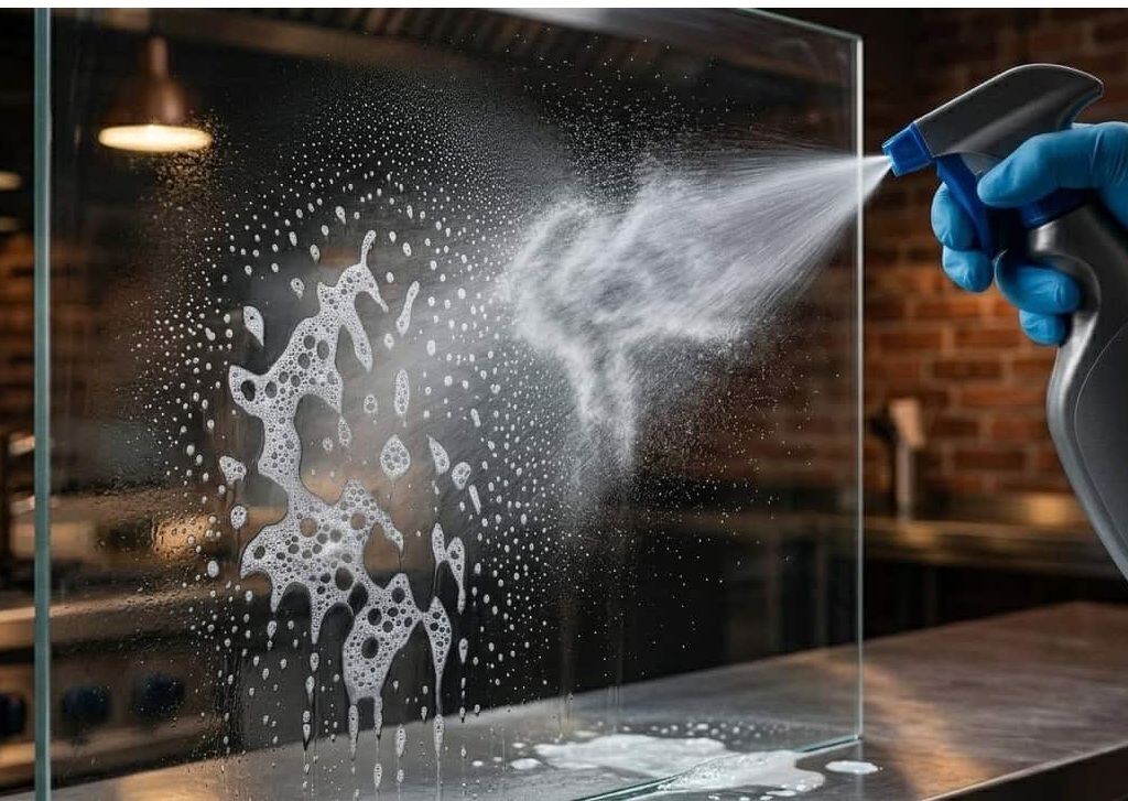 Eine Acrylplatte welche mit einem geeigneten Kunststoffreiniger gesäubert wird