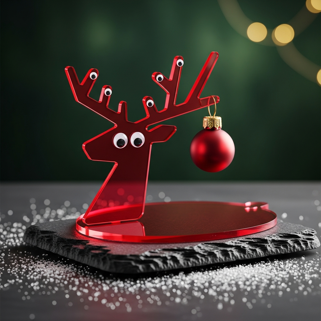 Ein einfaches, rotes Rentier aus Acrylglas mit einer Weihnachtsbaumkugel am Geweih