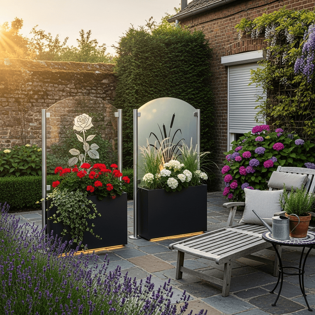 Ein Blumenkasten mit einem edlen Sichtschutzelement aus Acrylglas