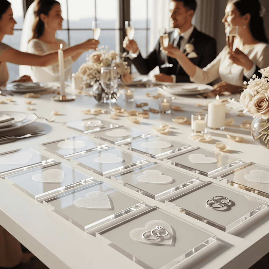 Acrylglas Untersetzer welche mit Motiven wie Herzen oder Ringen graviert wurden