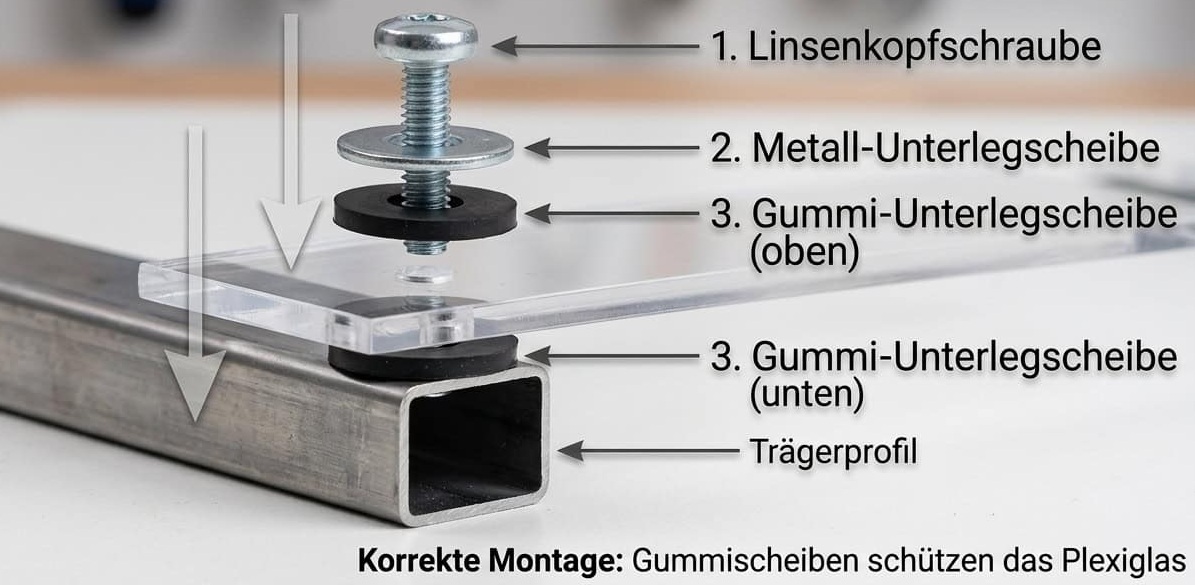 Ein Bild welches das korrekte Verschrauben von Acrylglas im Detail erklärt