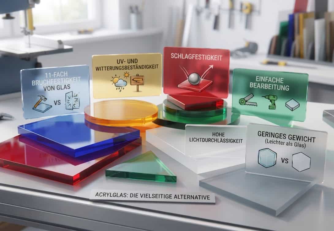 Bunte Acrylplatten mit dem Hinweis auf die wichtigsten Materialeigenschaften.