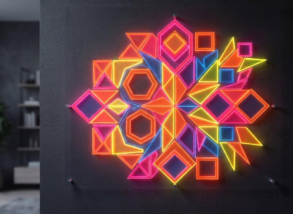 Ein kunstvolles Wandbild aus vielen kleinen fluoreszierenden Acrylplattenzuschnitten.