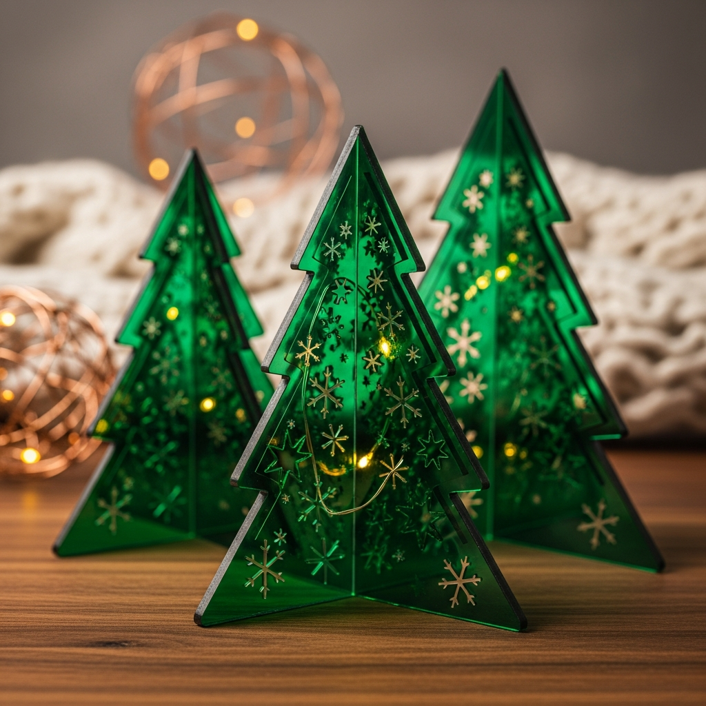 Drei verschiedengroße Dekoweihnachtsbäume, welche aus grünem Acrylglas gefertigt wurden.