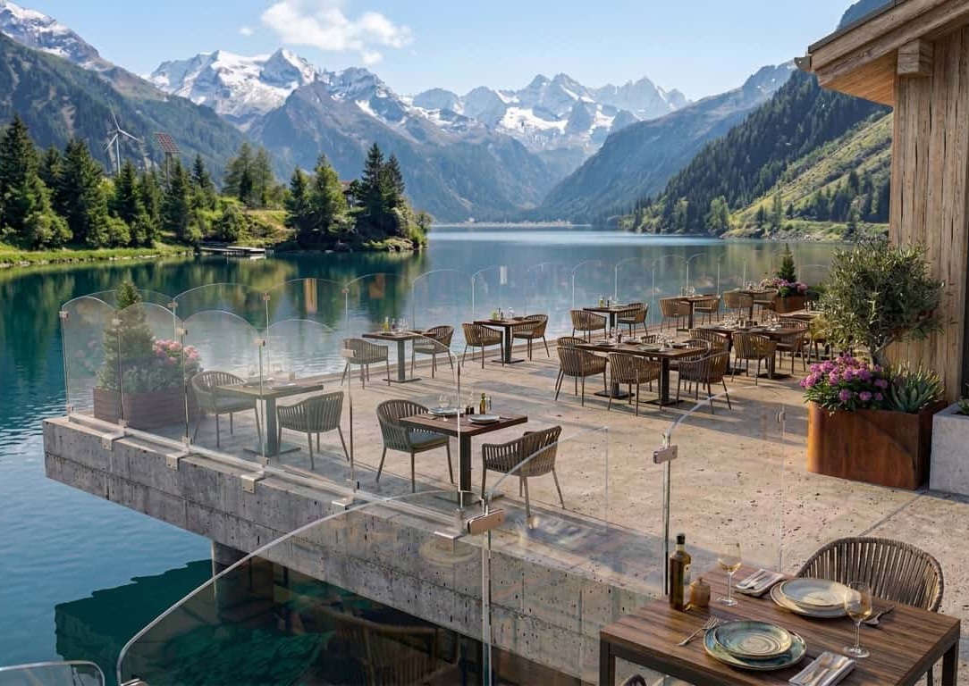 Transparente Plexiglas Windschutzelemente welche die Terrasse eines Restaurants umranden