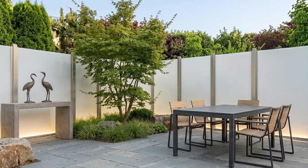 Ein satinierter Acrylglas Windschutz auf einer modernen Terrasse