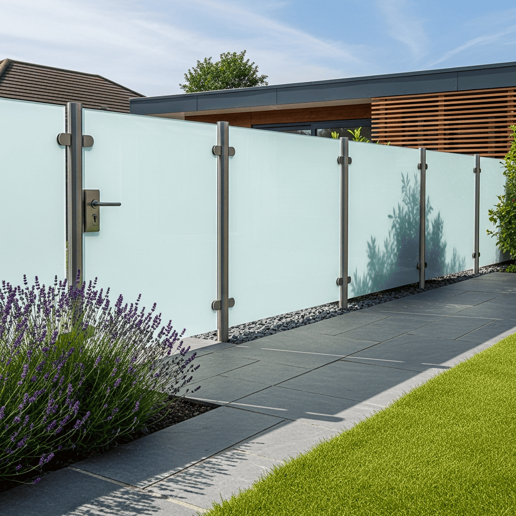 Ein Garten welcher mit einem Acrylglas Windschutz umrandet wird