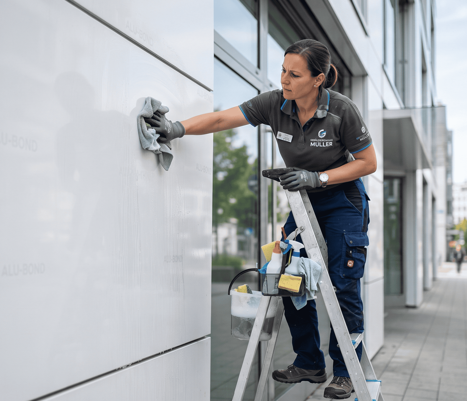 Eine Frau reinigt eine Fassade aus hellen Aluverbundplatten.