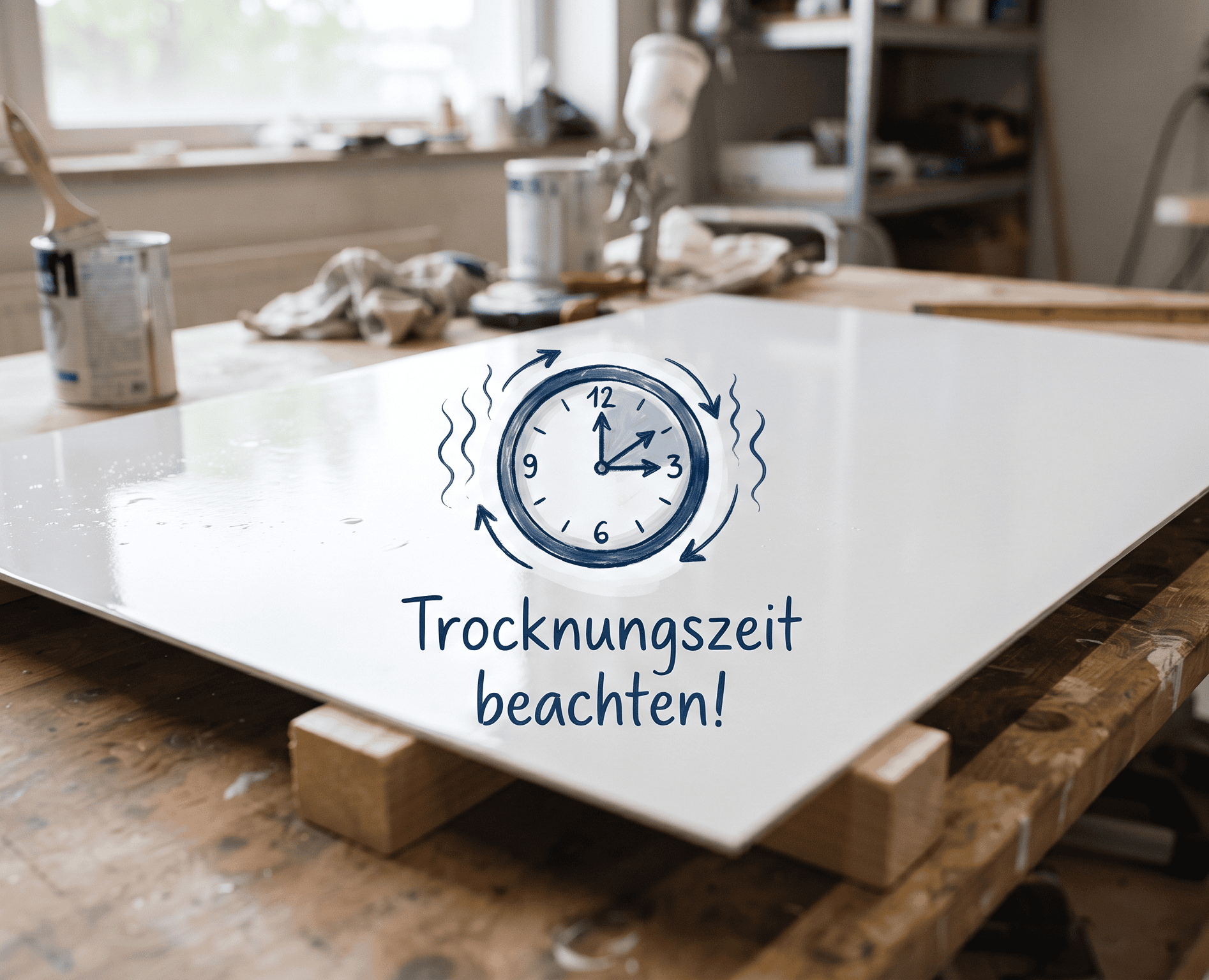 Eine lackierte Aluverbundplatte mit dem Hinweis, dass die Trocknungszeit beachtet werden muss.