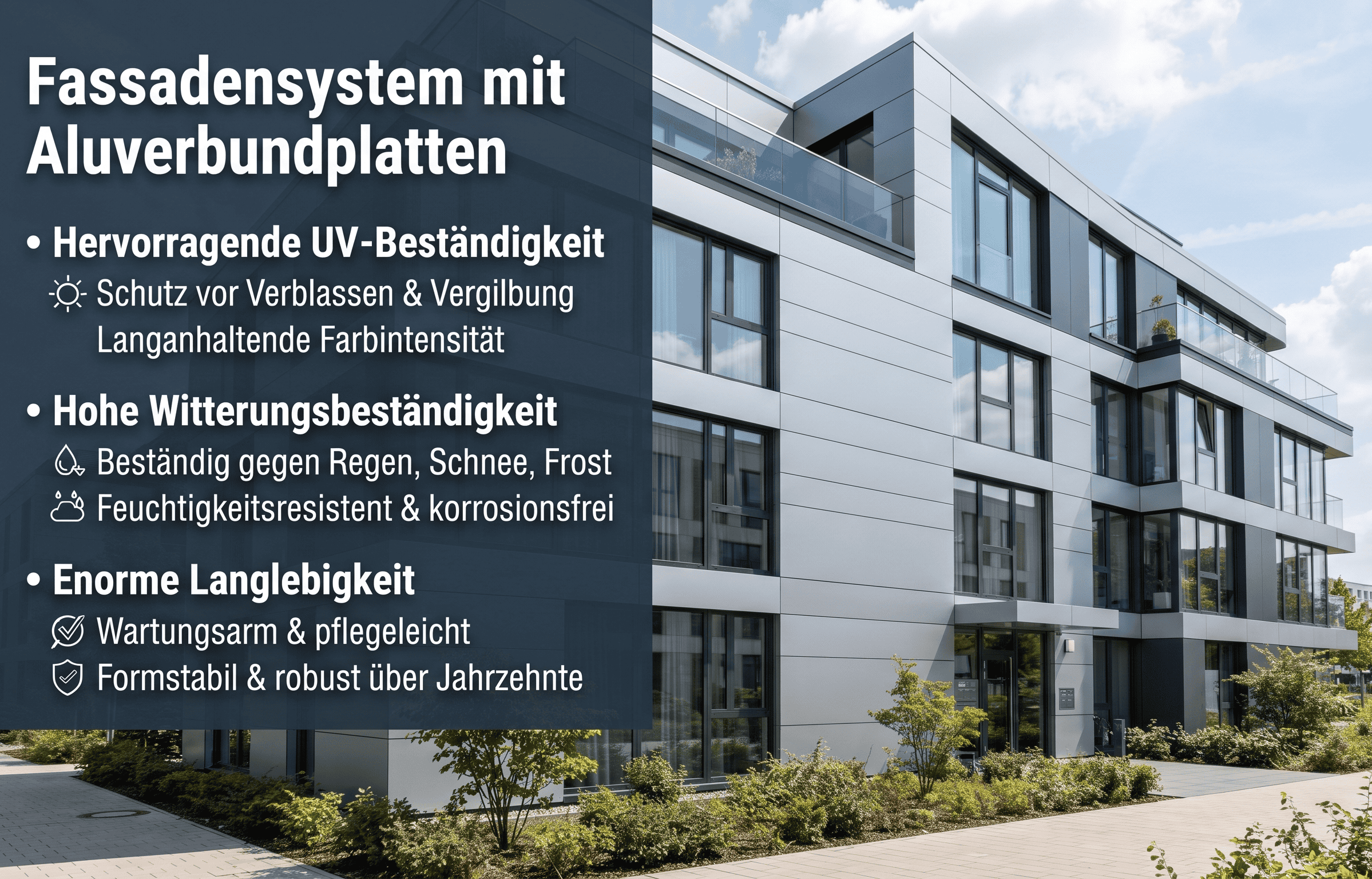 Ein Haus mit einer Fassade aus Aluverbund. In dem Bild sind zusätzlich auch die Vorteile des Materials aufgelistet.