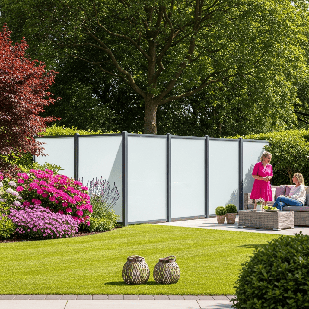 Ein gepflegter Garten welcher von einem weißen Zaun aus Acrylplatten umrandet wird