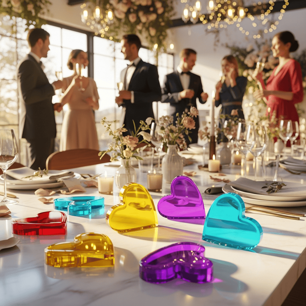 Bunte Streudekoration aus Acrylglas, darunter Herzen und andere zu einer Hochzeit passende Elemente