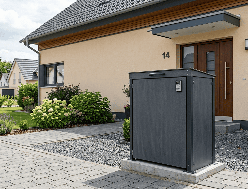 Eine moderne Paketbox aus einem dunklen Kunststoff vor einem gelben Einfamilienhaus.
