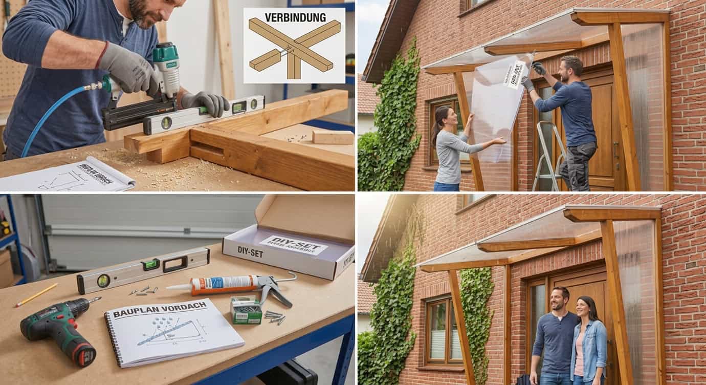 Der Aufbau eines Vordachs aus Kunststoffplatten und Holz.
