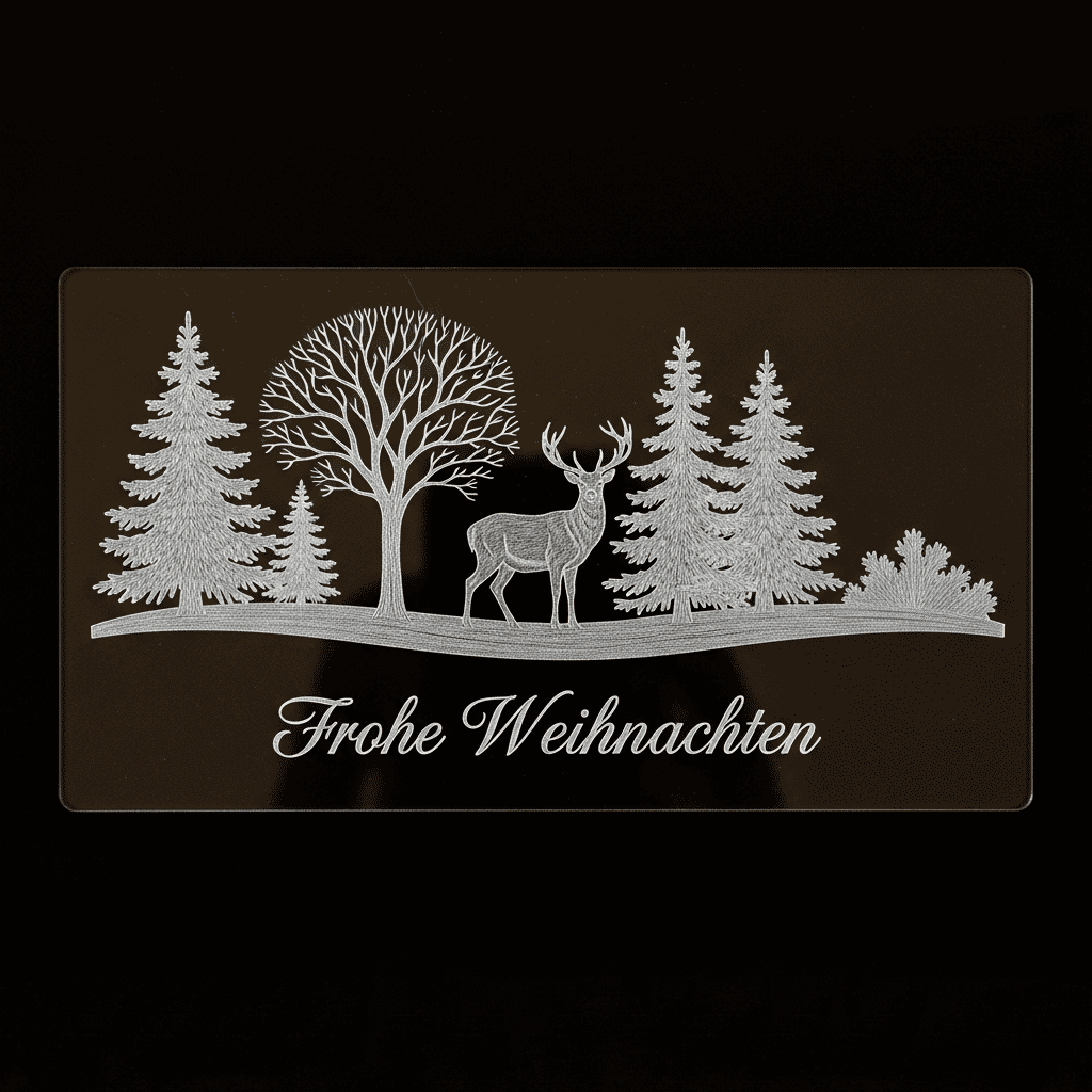 Eine gravierte Acrylplatte mit einem weihnachtlichen Motiv und dem Schriftzug Frohe Weihnachten darauf.