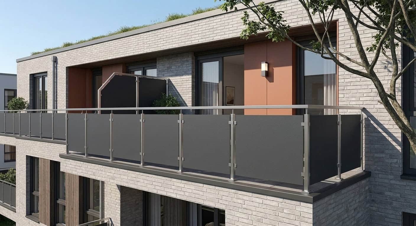 Ein mit dunklen HPL Platten verkleideter Balkon der einen guten Sichtschutz bietet