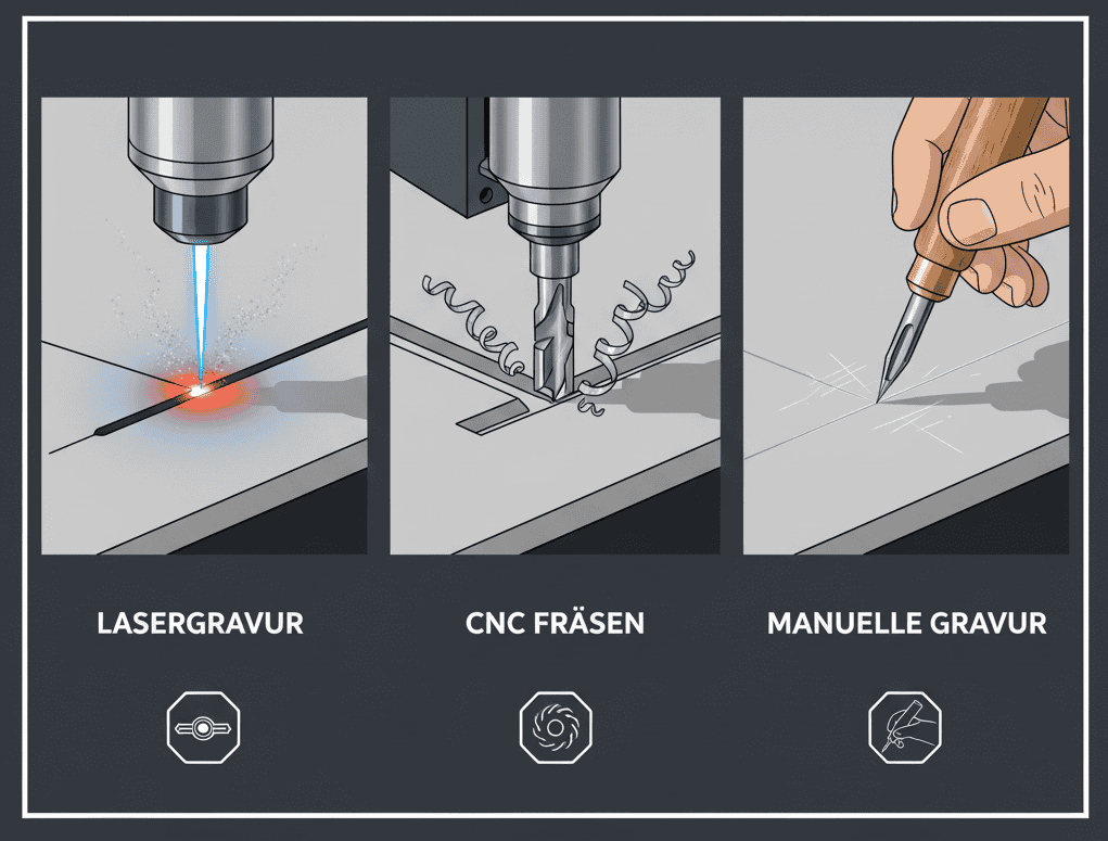 Eine Grafik die verschiedene Graviermethoden veranschaulichen soll, darunter die Lasergavur sowie das manuelle Gravieren