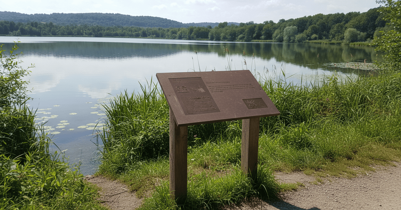 Ein Hinweisschild an einem See welches aus einer stabilen Holzkonstruktion und einer darauf montierten gravierten HPL besteht.