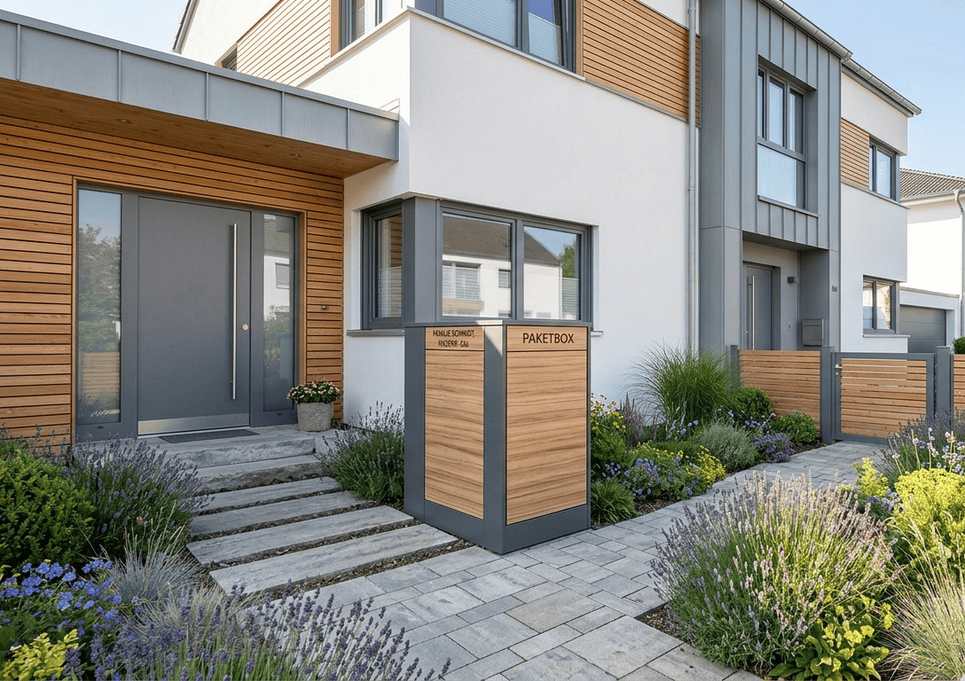 Eine modern gestaltete Paketbox, welche sich perfekt in das Design des Umfelds und des Hauses integriert.