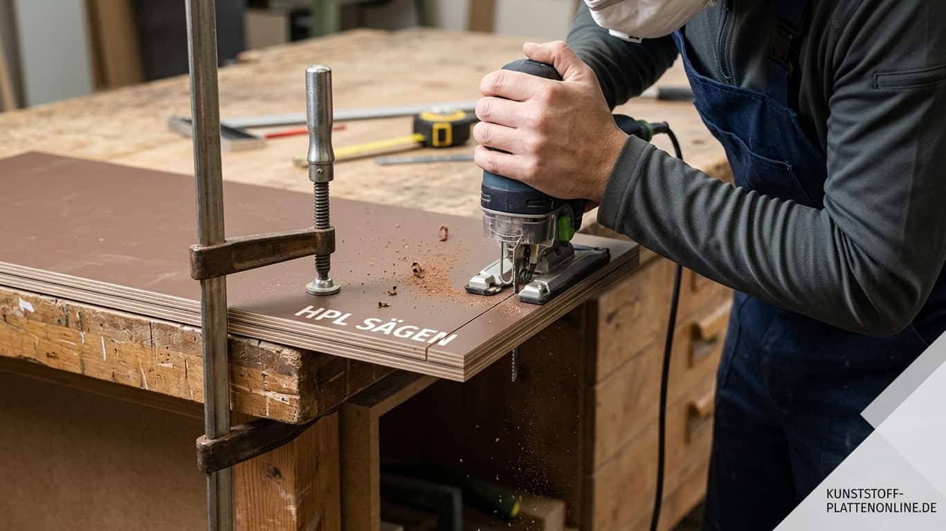 Eine HPL Platte wird mit einer Stichsäge bearbeitet