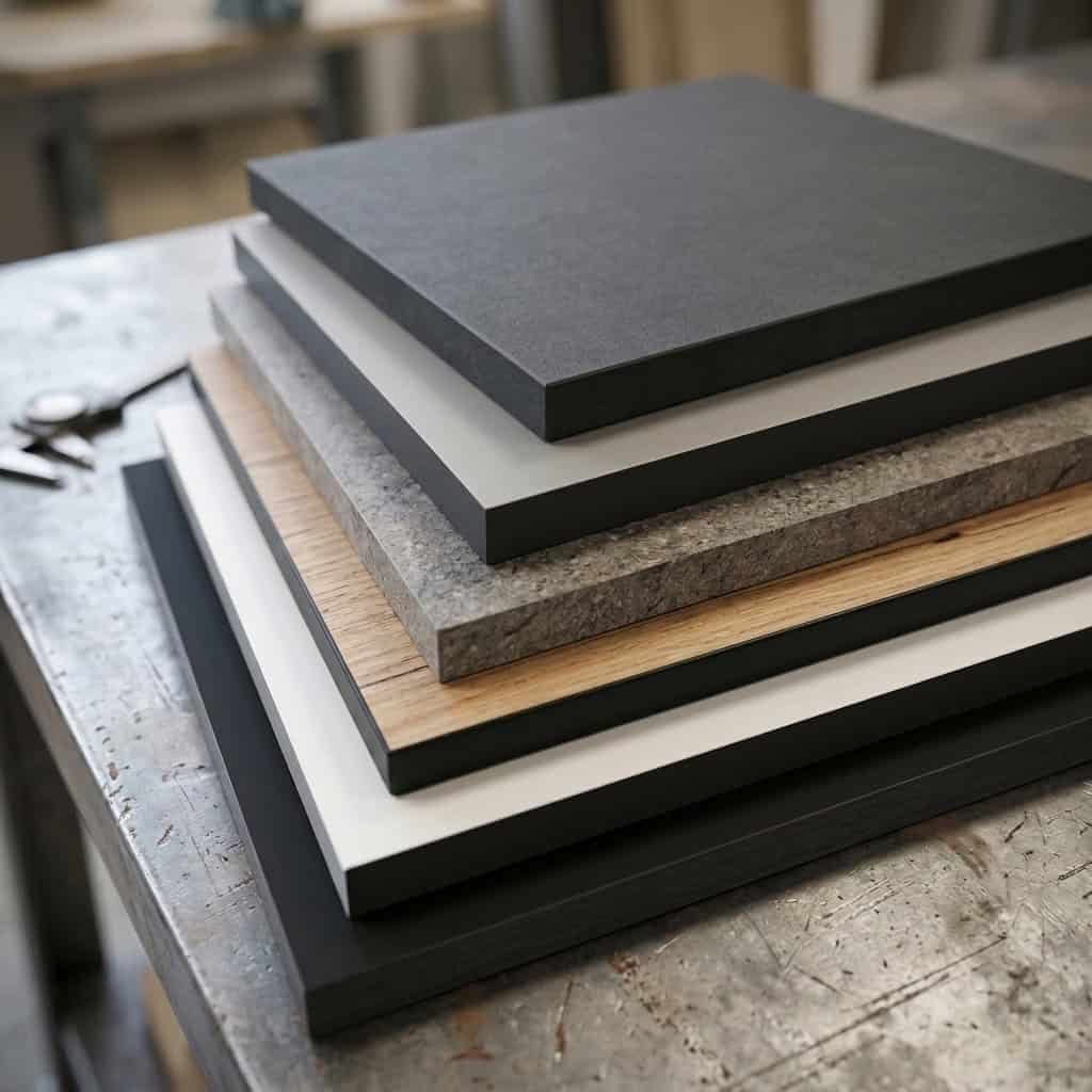 Ein Stapel verschiedenfarbiger HPL Platten, darunter sowohl dunkle als auch helle Platten