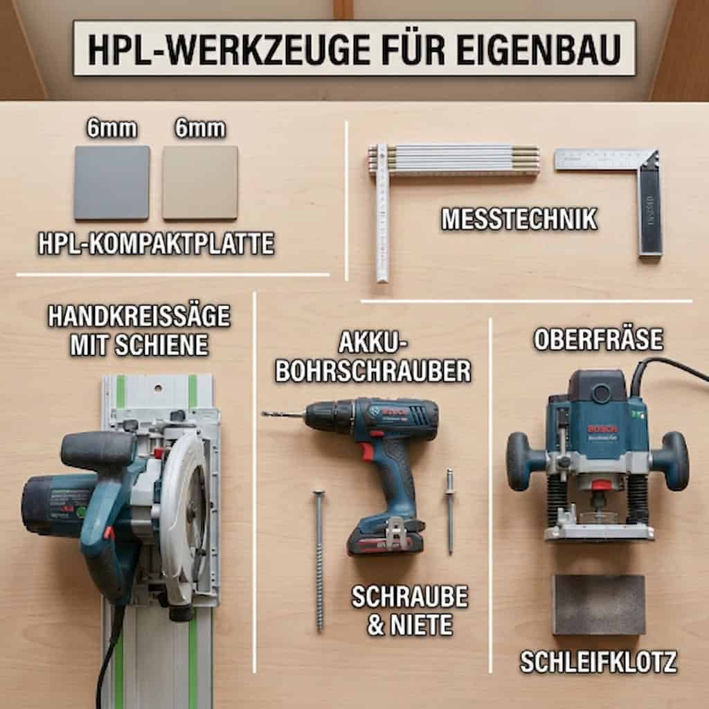 Eine Auswahl an Werkzeugen und Hilfsmitteln für die Bearbeitung von Kunststoffplatten.