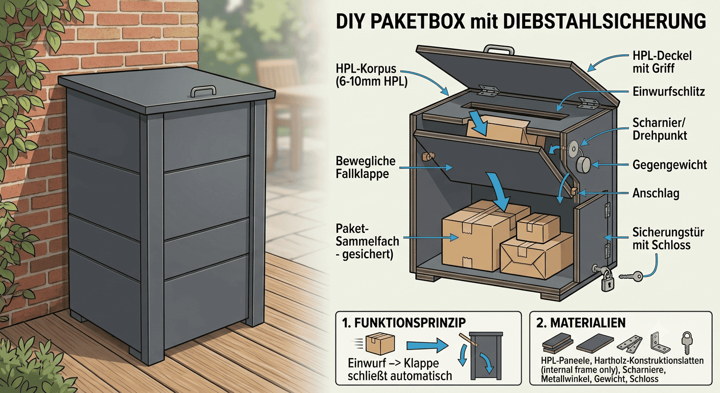 Eine Skizze einer Paketbox mit einer möglichen Variante des Schutzmechanismus.