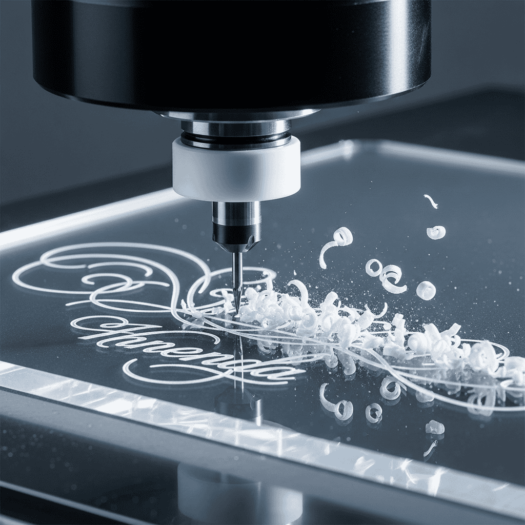 Eine Acrylplatte welche mit einer Graviermaschine bearbeitet wird