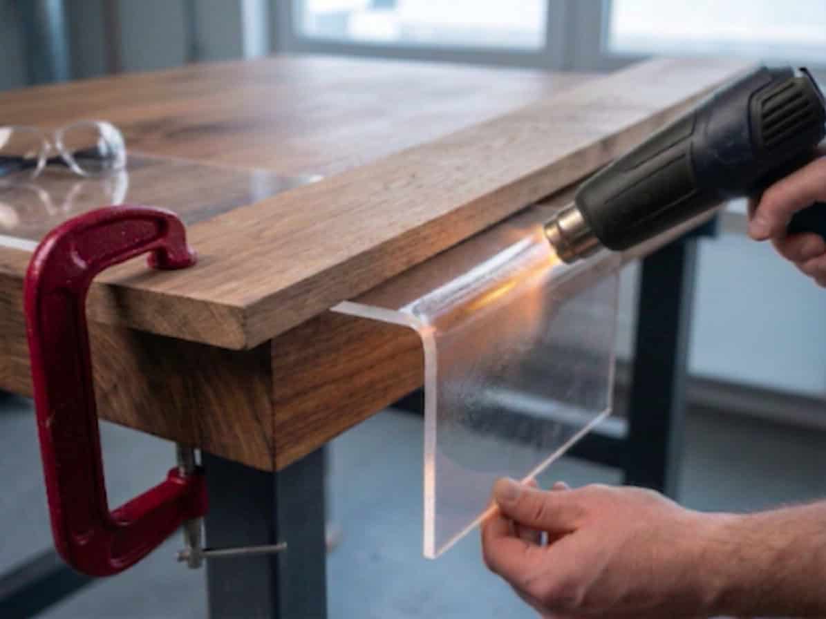 Das Biegen einer klaren Polycarbonatplatte mit Heimwerkerwerkzeugen.