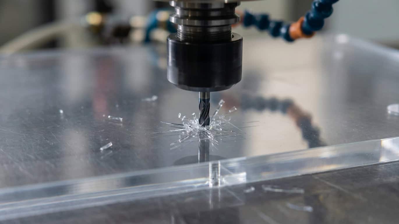 Eine Polycarbonatplatte, welche mit einem geeigneten Bohrer gebohrt wird.